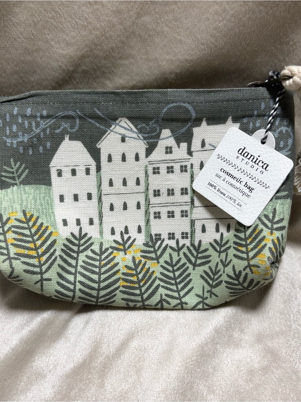 Danica Studio 100% Linen Village Print Cosmetic Bag NWT Zipper Pouch Gray Green